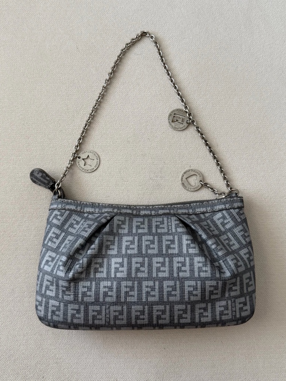 Fendi Gray Zucchino Leather Mini Charm Pochette Shoulder Bag - Picture 2 of 7